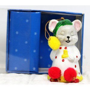 VTG 80s Porcelain Sleepy Christmas Mouse Ornament Bell Pom-Pom Slipper Tree Gift